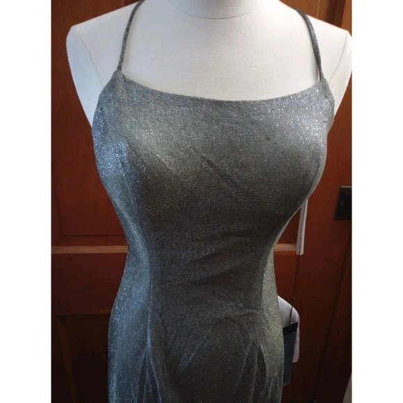 Ieena for Mac Duggal Womens Sz 4 Lace-Up Trumpet Formal Prom Dress Gown Silver - Picture 5 of 11